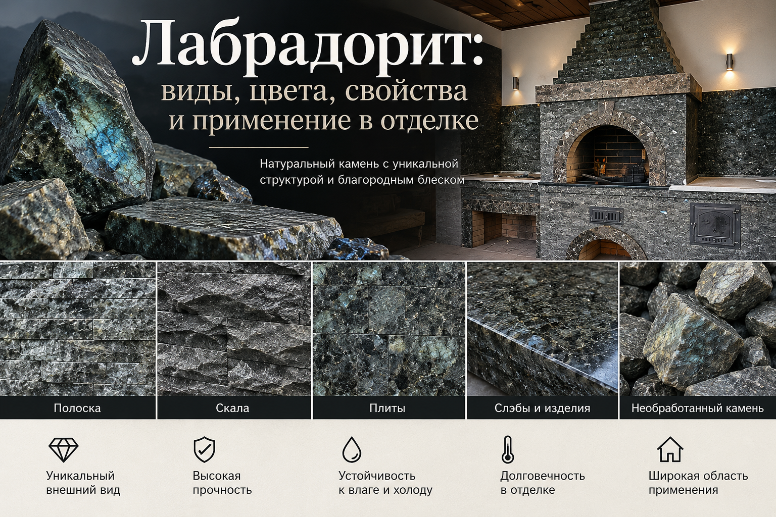 Лабрадорит: виды, цвета, свойства и применение в отделке