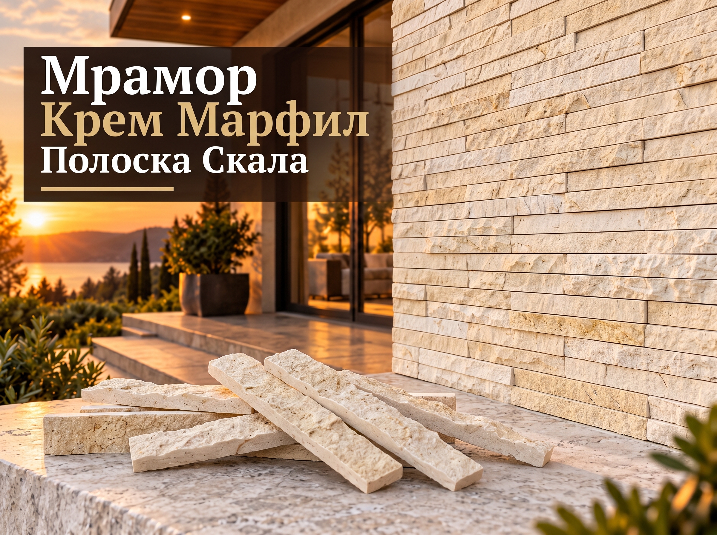 Мрамор Крем Марфил Полоска Скала — бежевый натуральный мрамор с рельефной фактурой для облицовки стен, каминов и фасадов.