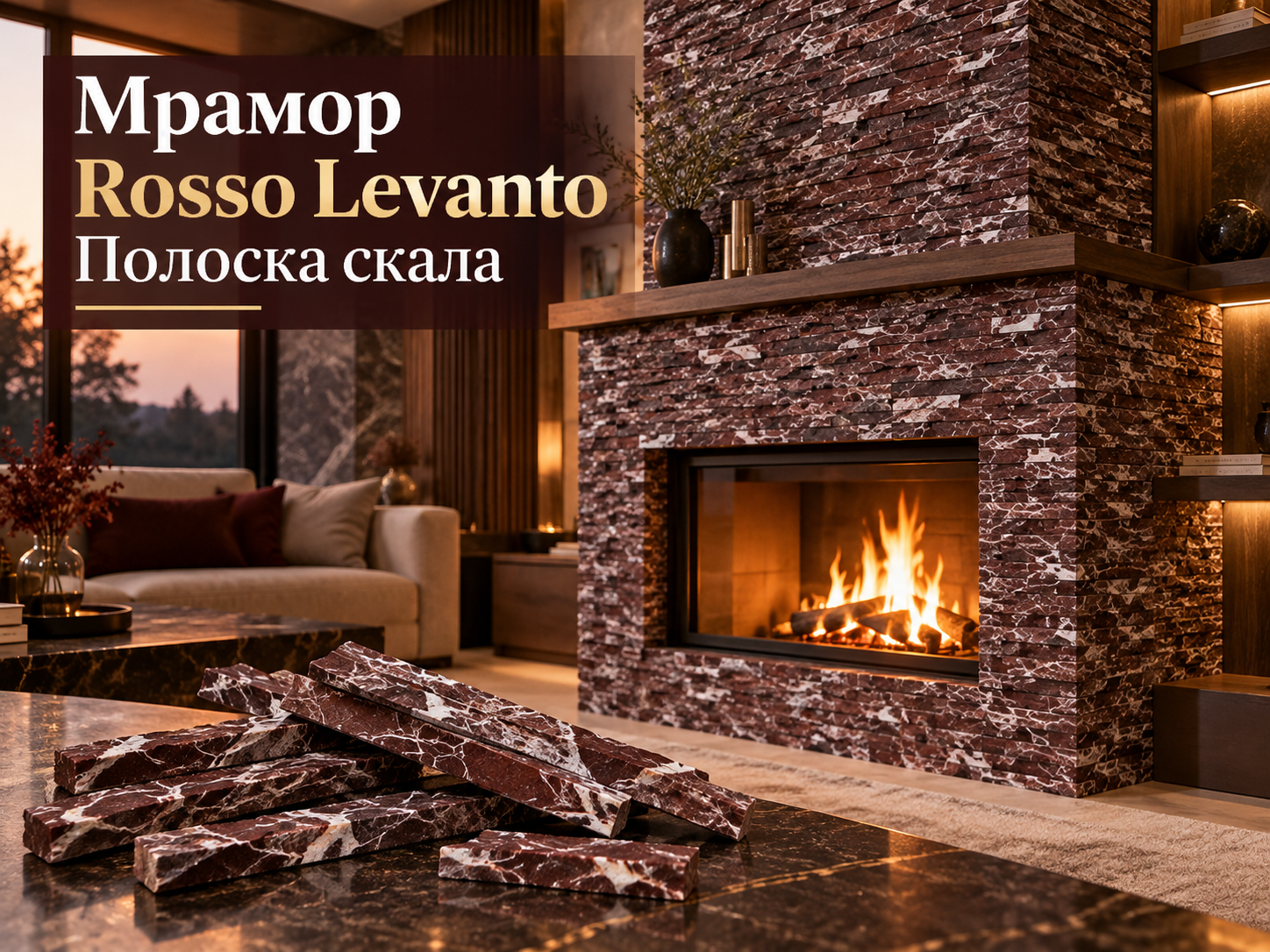 Мрамор Rosso Levanto Полоска скала — тонкая облицовочная плитка из бордового мрамора с белыми прожилками для декоративной отделки стен и каминов.