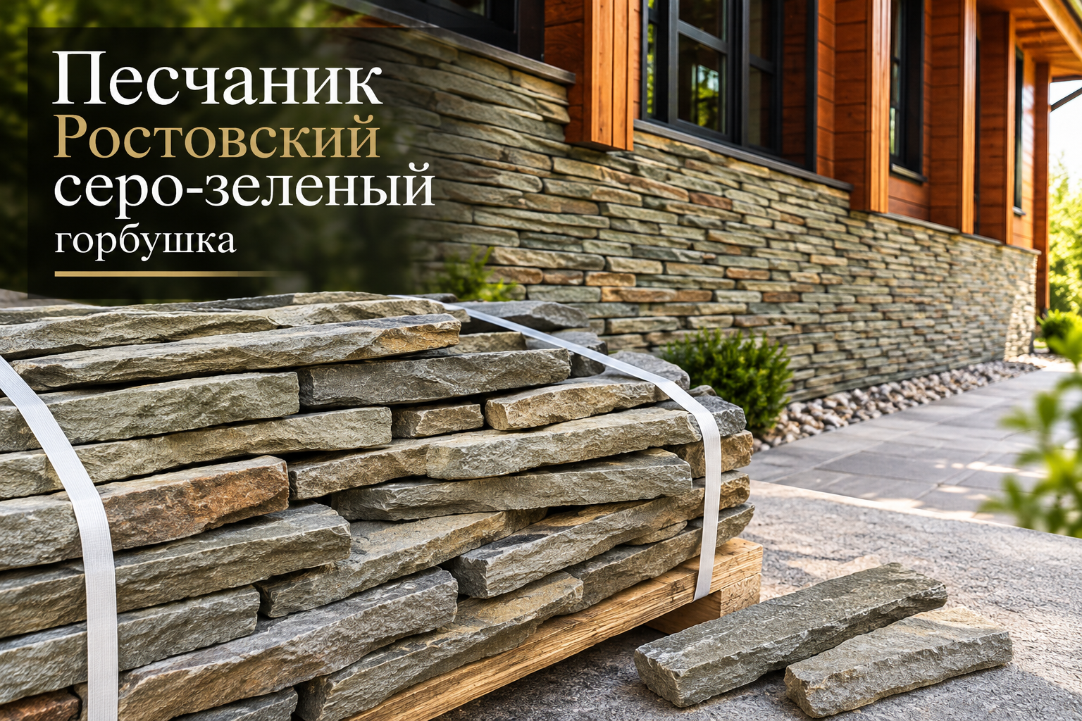 Песчаник «Горбушка» серо-зелёный: облицовка цоколя и стен