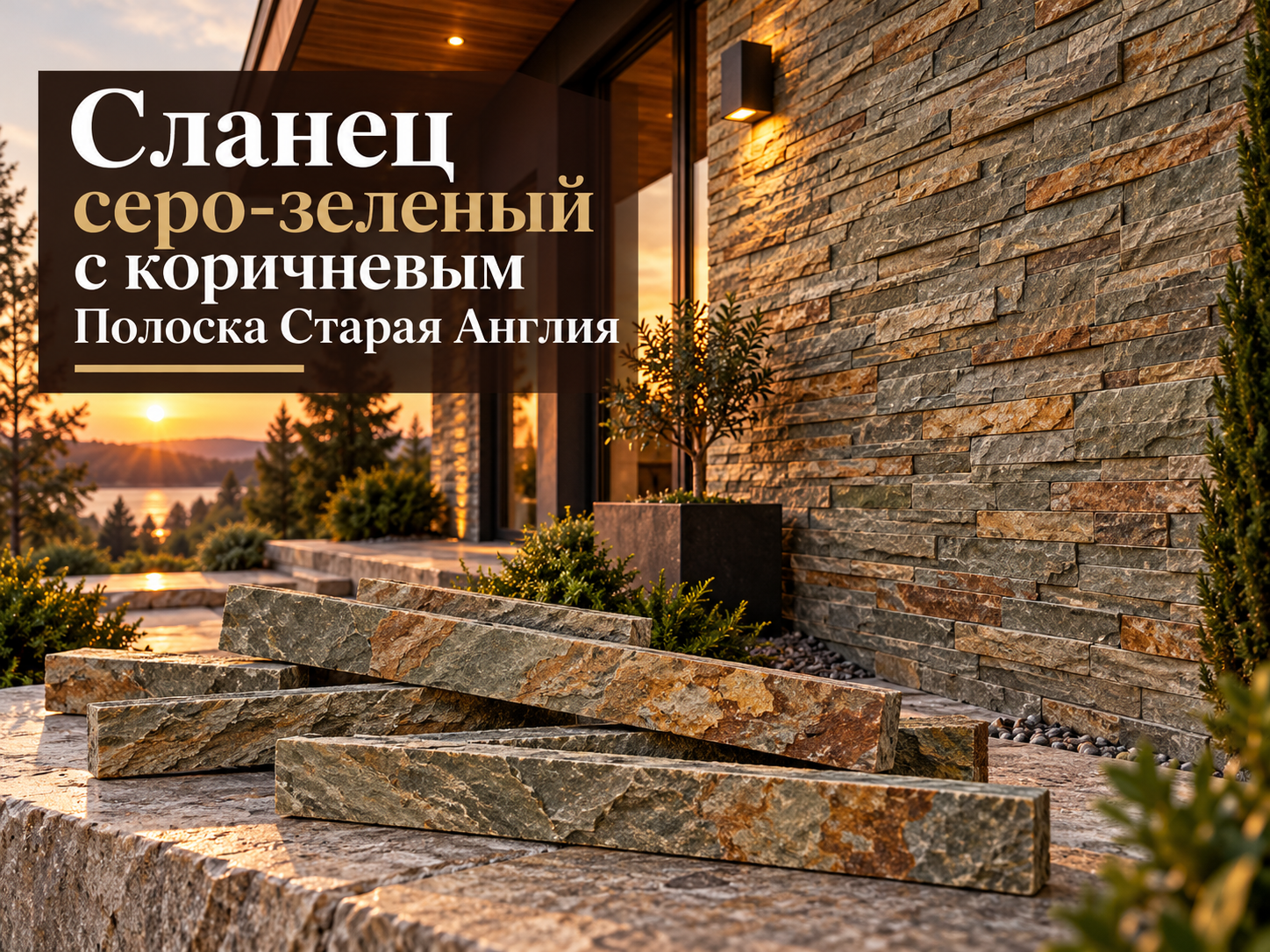 Сланец серо-зелёный с коричневым, полоска «Старая Англия» — натуральный облицовочный камень для отделки фасадов, цоколей и стен.