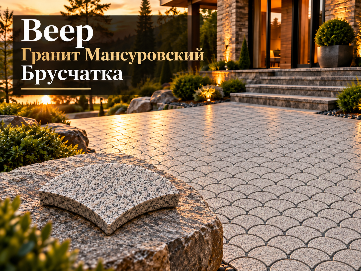 Веер Гранит Мансуровский — светло-серая гранитная брусчатка веерной формы для мощения дорожек и площадок.